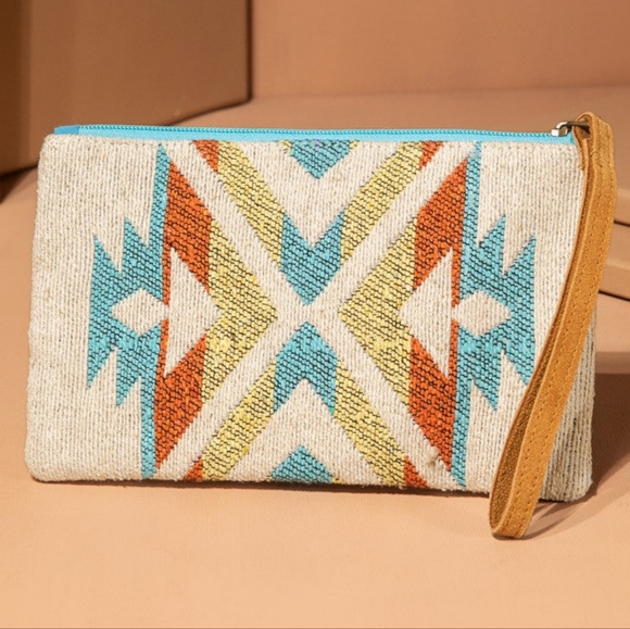 Handmade Hand Beaded Wristlet Clutch - Ethnic Inspired Design - Dyed Fine Cotton - Picture 3 of 6